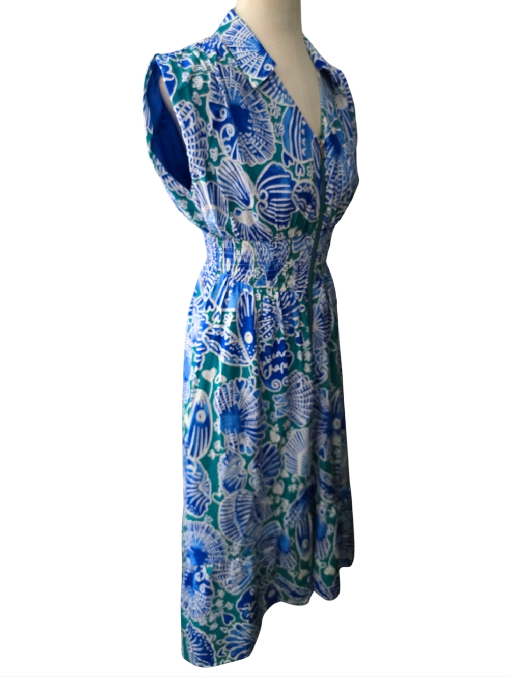 Umgee Blue Seashell Print Dress Coastal Beach Smocked Waist Zip Front Small Midi - Picture 3 of 6